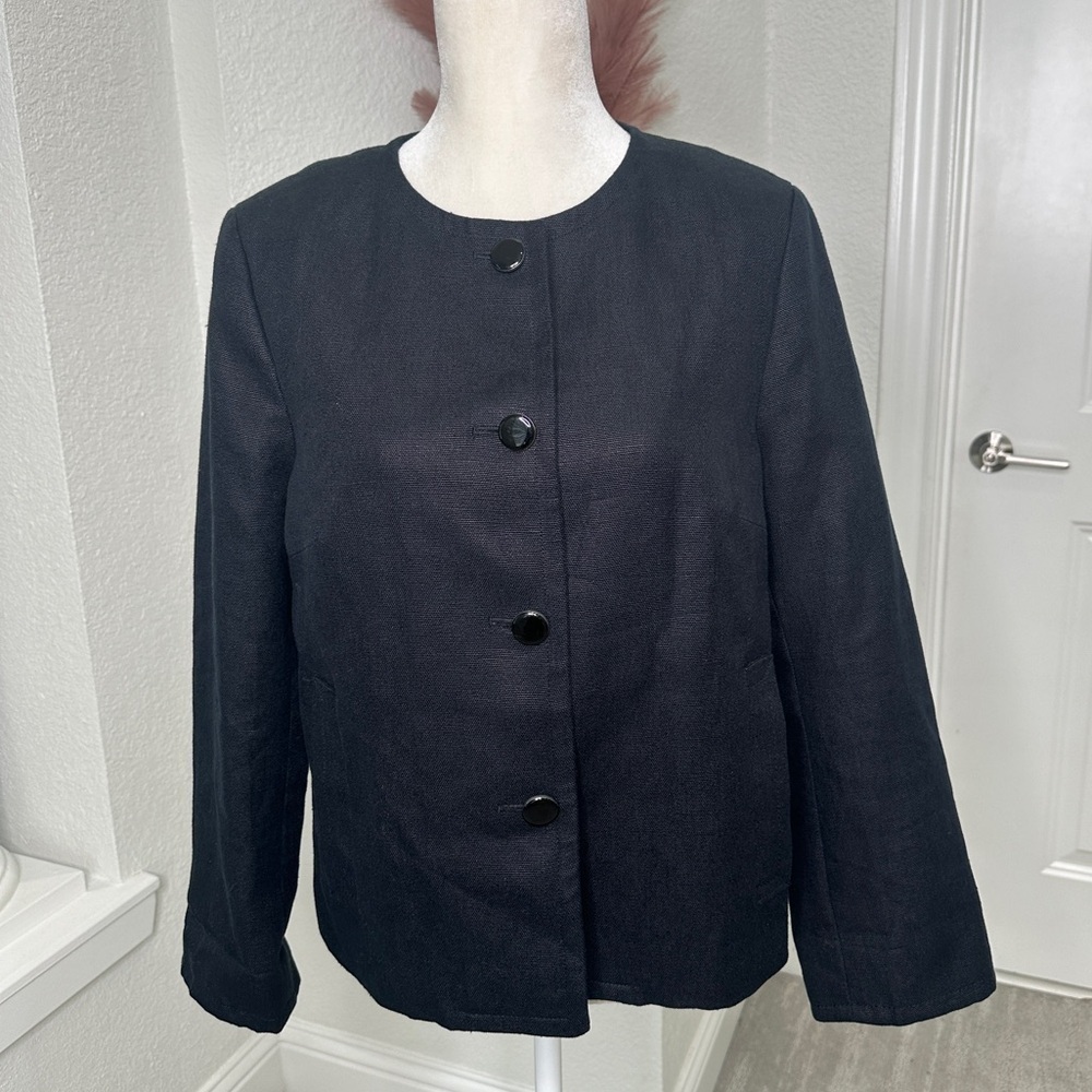 Talbots 100% Linen Collarless Button Down Black L… - image 2